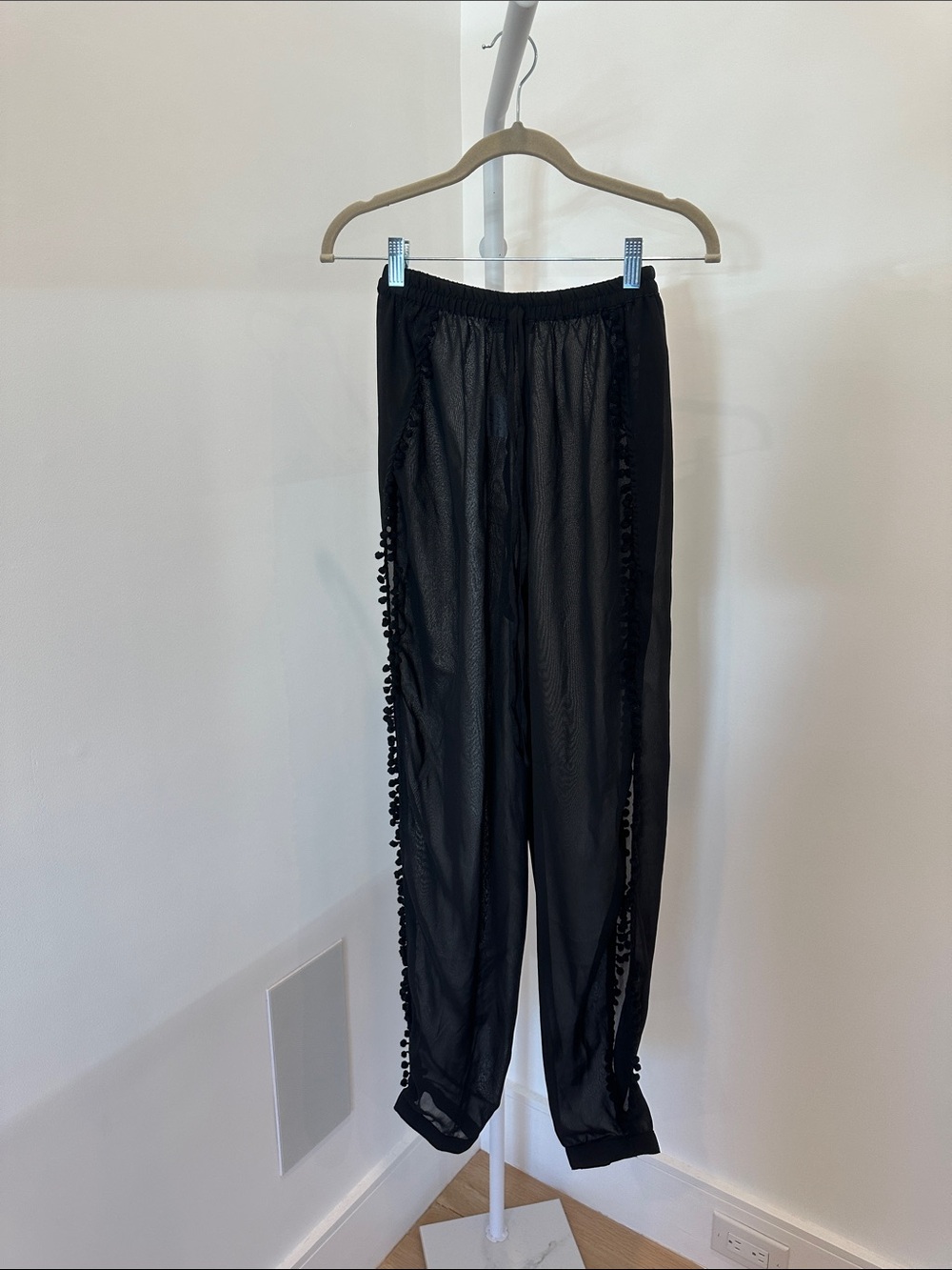 Boohoo Black Sheer Mesh Cover Up Pants, Pom Pom Trim Beach Festival Ready